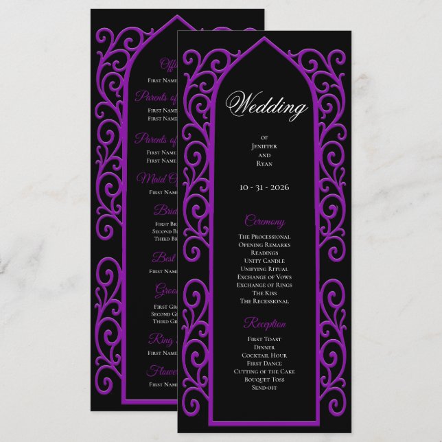 Programa de Casamento Gótico Preto e Roxo Ornament (Frente/Verso)