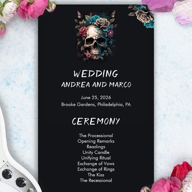 Programa de Casamento Gótico Roll e Tatuagem do Cr (Skull Tattoo Rock and Roll Gothic Wedding Program)
