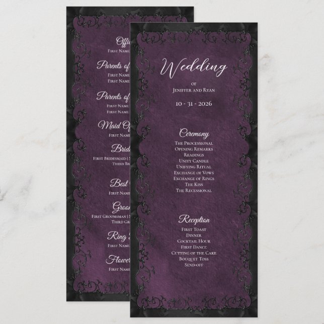 Programa de Casamento Gótico Roxo Elegante (Frente/Verso)