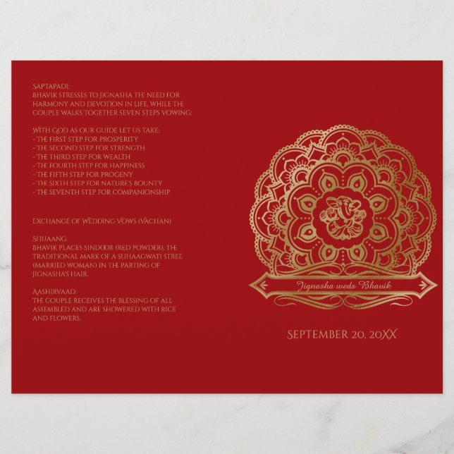 Programa de Casamento Hindu de Mandala, Vermelho e (Frente)