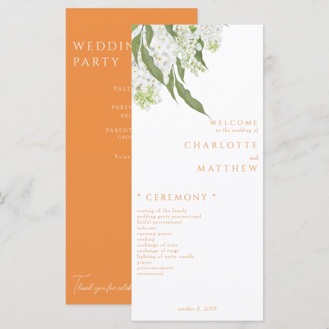 Programa de Casamento Laranja Floral Branco Elegan (Frente/Verso)