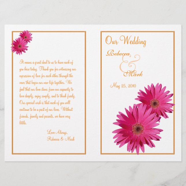 Programa de Casamento Laranja Rosa Gerbera Daisy (Frente)