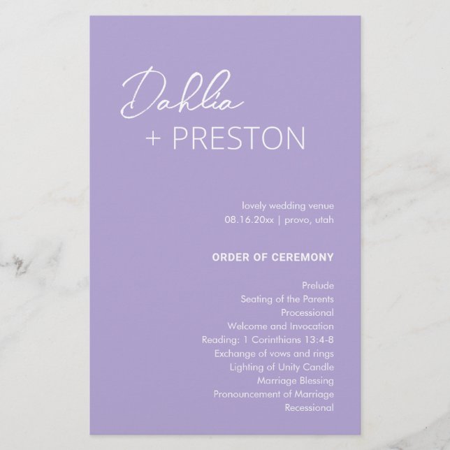 Programa de Casamento Lilás Minimalista Moderno (Frente)