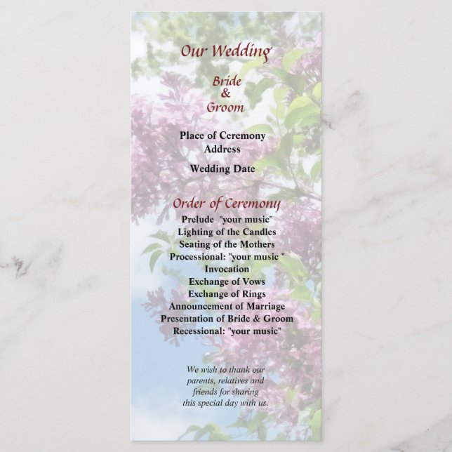 Programa de Casamento Lilases e Nuvens (Frente)
