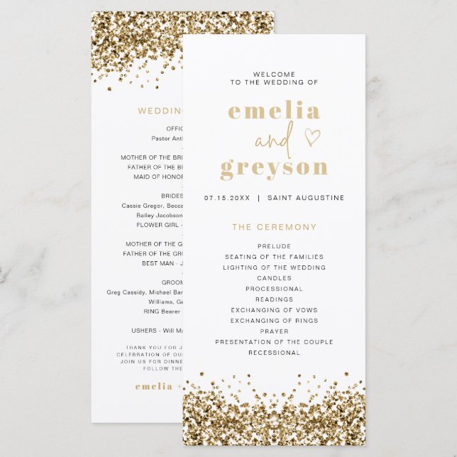 Programa de Casamento Longo com Lantejoulas Dourad (Frente/Verso)