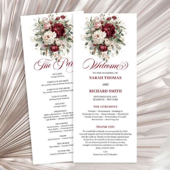 Programa de Casamento Luxo Bege Dourado Borgonha (Luxe Blush Burgundy Gold Wedding Program)