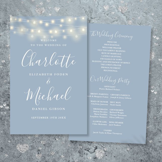 Programa de Casamento Luzes de Corda Azul Empoeira (Dusty Blue String Lights Wedding Program)