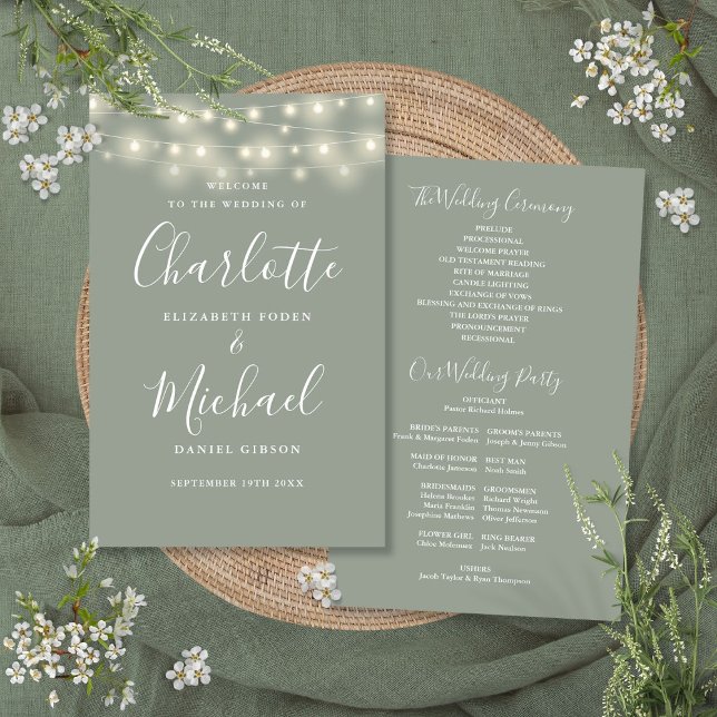 Programa de Casamento Luzes de Corda Verde Salvia (Sage Green String Lights Wedding Program)