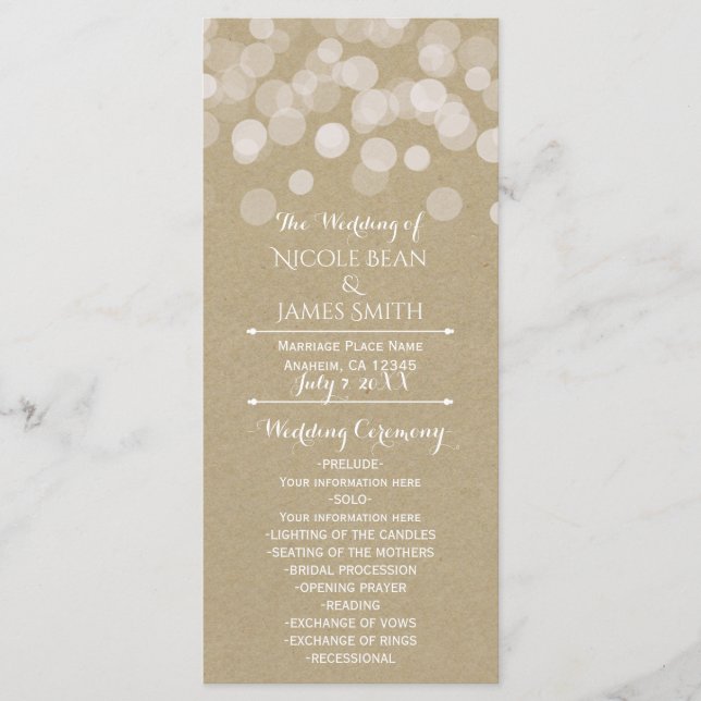Programa de Casamento Luzes Rústicas Simples Papel (Frente)
