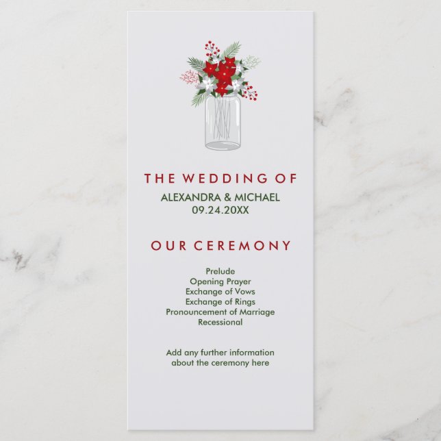 Programa de Casamento Mason Jar de Feriado de Cinz (Frente)