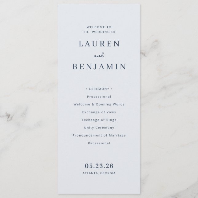 Programa de Casamento Minimalista Azul Elegante (Frente)