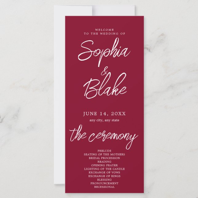 Programa de Casamento Minimalista Borgonha Moderno (Frente)