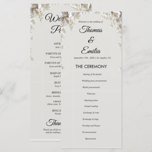 Programa de casamento minimalista floral em marfim (Frente/Verso)