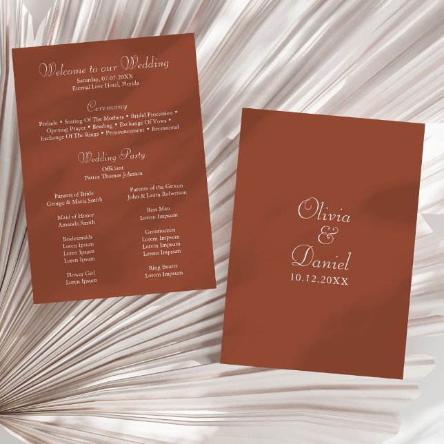 Programa de Casamento Minimalista Moderno de Terra (Modern Minimalist Terracotta Wedding Program on a sunny white dry palm leaf.)