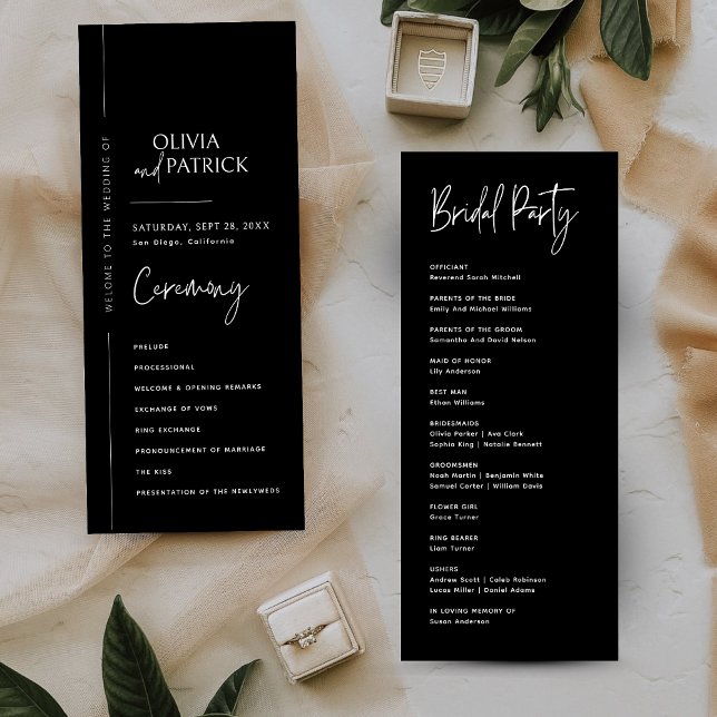 Programa de Casamento Minimalista Moderno Elegante (Black elegant modern minimalist wedding program guides your ceremony with sleek, timeless style.)