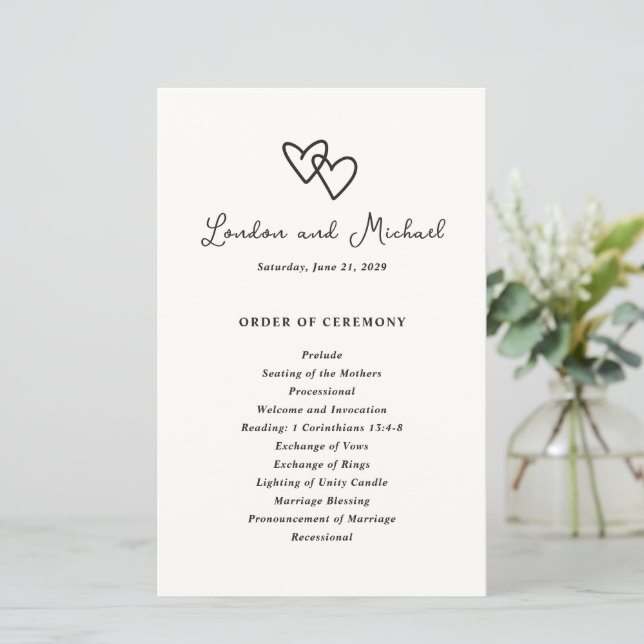 Programa de Casamento Moderno com Corações Desenha (Em pé/Frente)