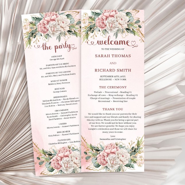 Programa de Casamento Moderno com Flores Rosadas e (Modern Dusty Pink Flowers Greenery Wedding Program)