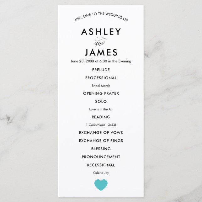 Programa de Casamento Moderno com Turquoise Heart (Frente)