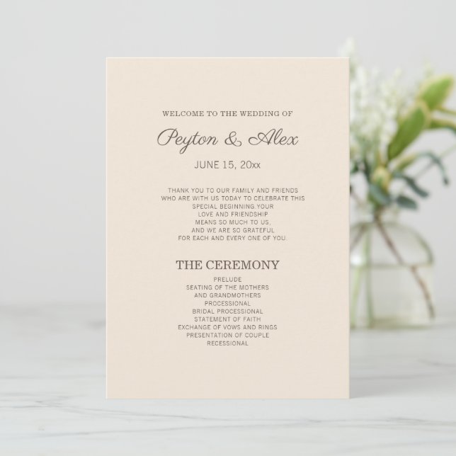 Programa de Casamento Moderno de Cream Brown (Em pé/Frente)