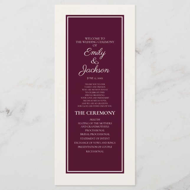 Programa de Casamento Moderno de Cream Burgundy (Frente)