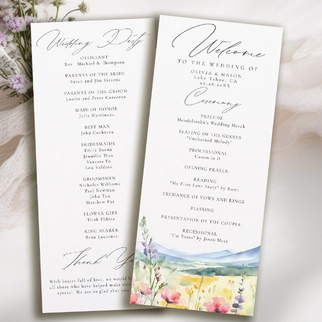 Programa de Casamento Moderno de Flores Silvestres (mountain wedding program wildflowers meadow floral watercolor modern calligraphy)