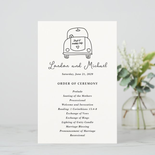 Programa de Casamento Moderno Desenho à Mão de Car (Em pé/Frente)
