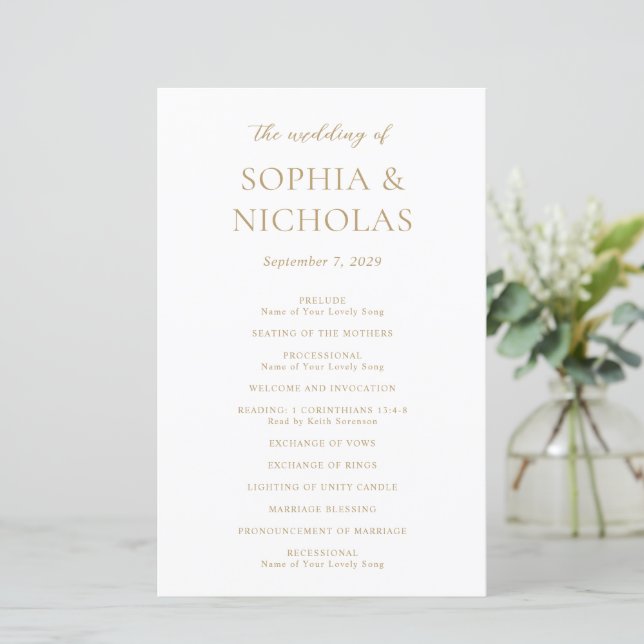 Programa de Casamento Moderno em Ouro Simples (Em pé/Frente)