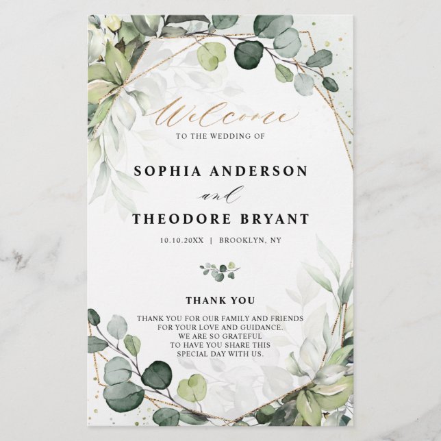 Programa de Casamento Moderno Eucalyptus Sage Gree (Frente)