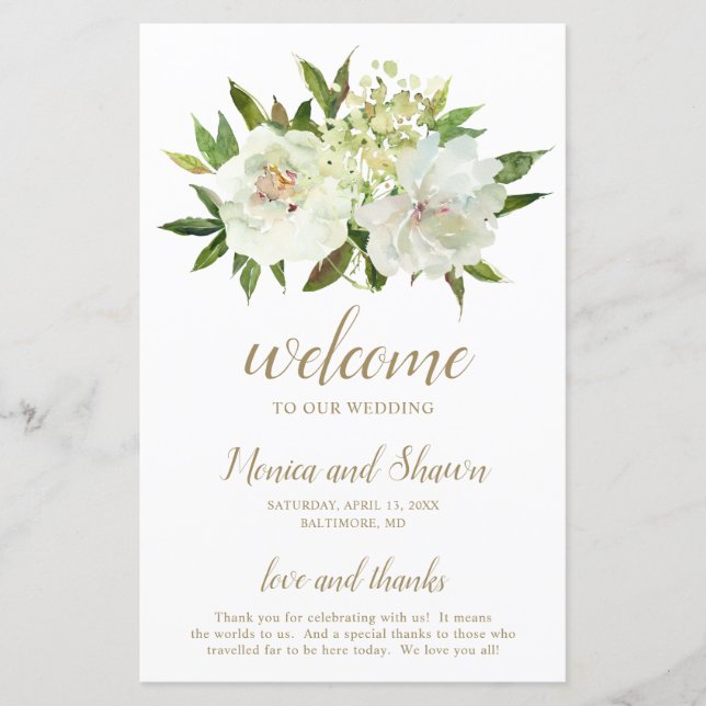 Programa de Casamento Moderno Floral Branco Dourad (Frente)