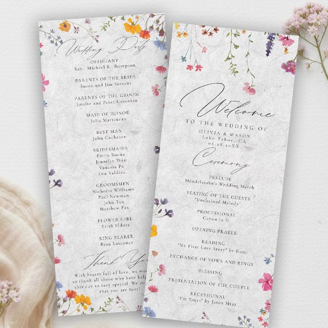 Programa de Casamento Moderno Marfim Jardim de Flo (wildflower wedding program watercolor garden backyard barn summer spring elegant romantic ivory)