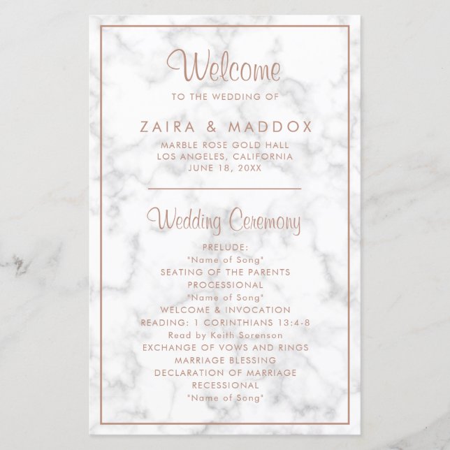 Programa de Casamento Moderno Mármore Dourado Rosa (Frente)