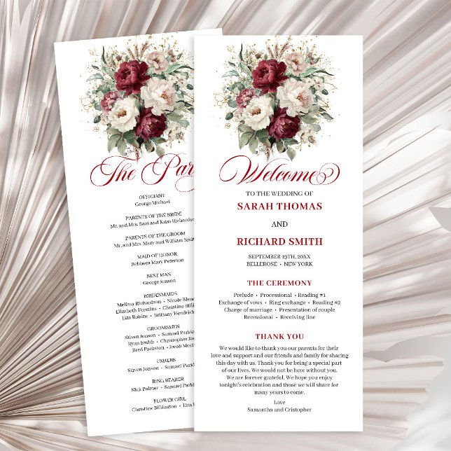 Programa de Casamento Moderno Rosa Bege Burgundy D (Modern Blush Burgundy Gold Wedding Program)