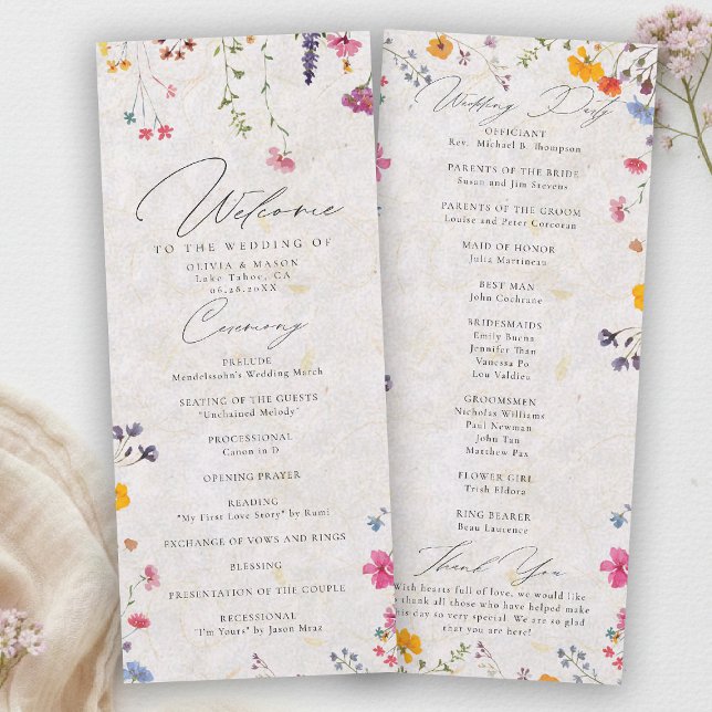 Programa de Casamento Moderno Rosa Jardim de Flore (wildflower wedding program watercolor garden backyard barn summer spring elegant romantic pink blush)