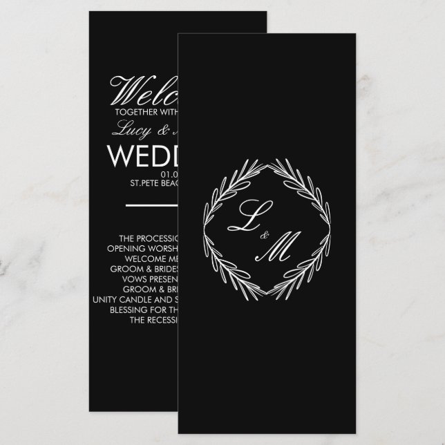 Programa de Casamento Monogram Script Branch Preto (Frente/Verso)