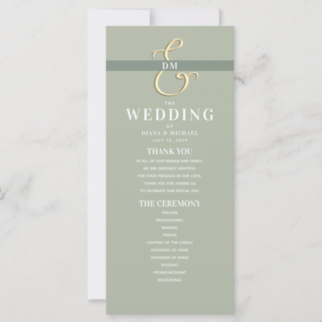 Programa de Casamento Monograma Verde Sage (Frente)