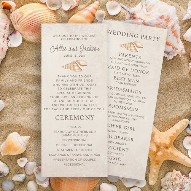 Programa de Casamento na Praia com Conchas de Arei (Wedding ceremony and bridal party program)