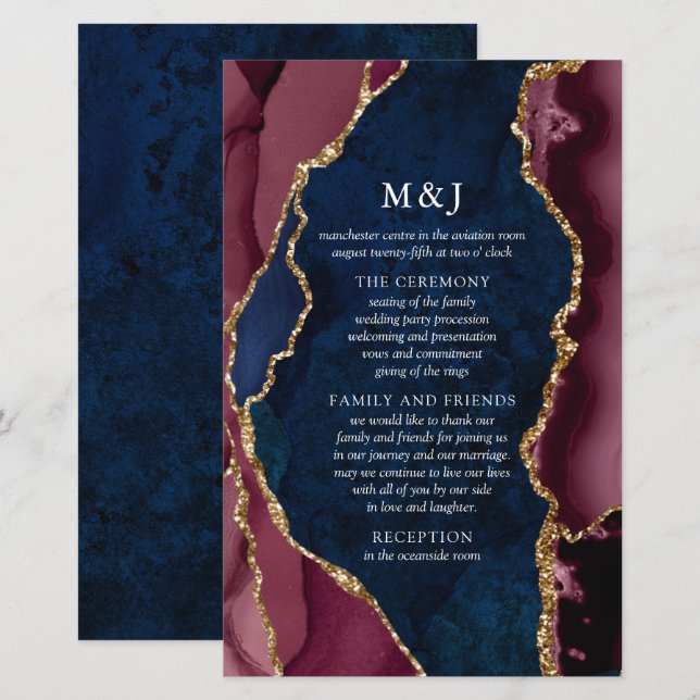 Programa de Casamento Navy, Borgonha e Ágata Doura (Frente/Verso)