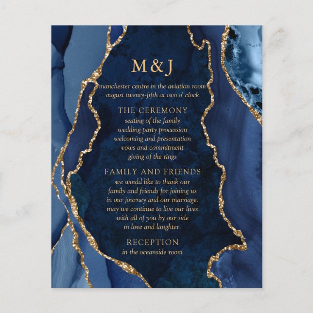 Programa de Casamento Navy Marble & Gold Agate (Frente)