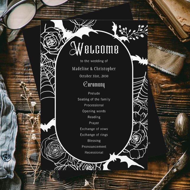 Programa de Casamento Negro Floral Elegante (Criador carregado)