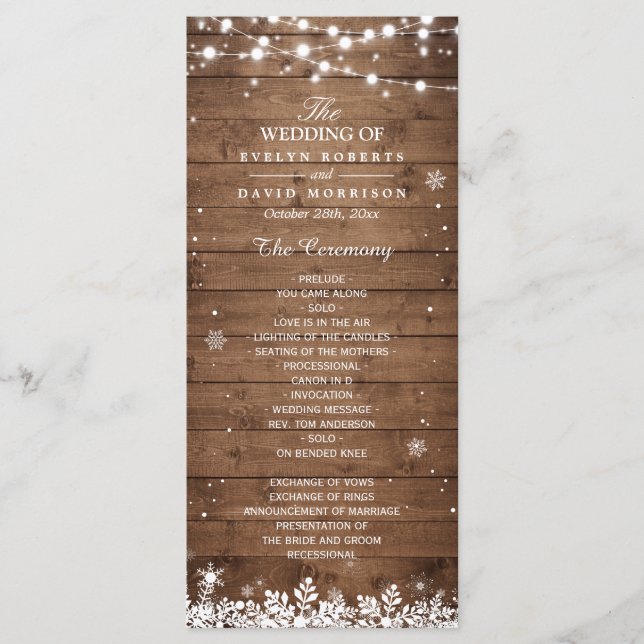 Programa de Casamento no inverno Rustic Wood Snowf (Frente)