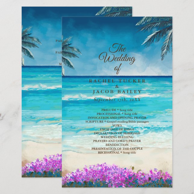 Programa de Casamento Oceano Azul Praia em Aquarel (Frente/Verso)