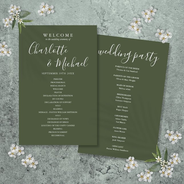 Programa de Casamento Olive Green Signature Script (Olive Green Signature Script Wedding Program)
