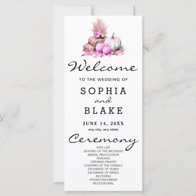 Programa de Casamento outono Pumpkins rosa e branc (Frente)