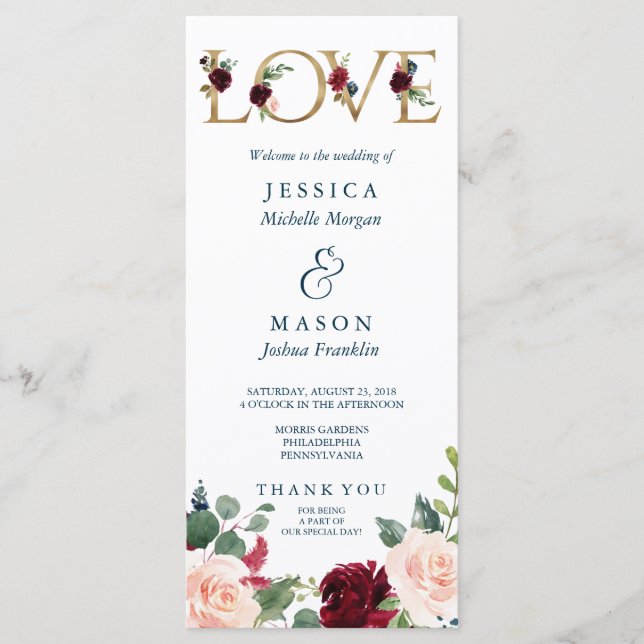 Programa de Casamento outono Rustic Breezy Burgund (Frente)