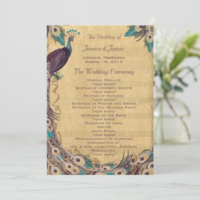 Programa de Casamento Peacock Aqua Berinjela Vinta (Em pé/Frente)