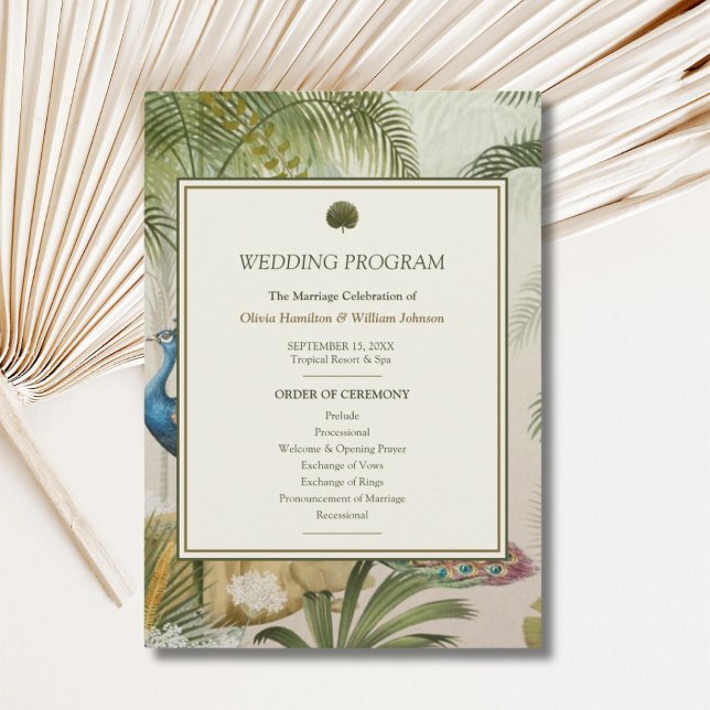 Programa de Casamento Peacock Palm (Peacock Palm wedding program with personalized ceremony order, couple’s names and wedding date)