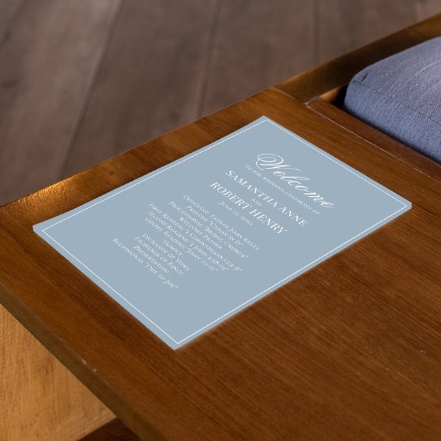 Programa de Casamento Personalizado de Script Azul (Elegant dusty blue wedding program template. )