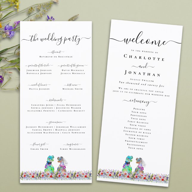 Programa de Casamento Personalizado Noiva & Noivo  (Colorful T-Rex bride and groom funny dinosaur wedding ceremony program card Wildflower meadow)
