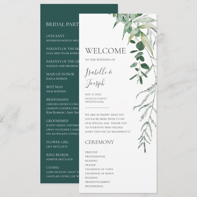 Programa de Casamento Plana Verde Escuro Suculento (Frente/Verso)
