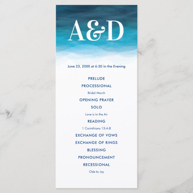 Programa de Casamento por Aquarela das Ondas Oceân (Frente)